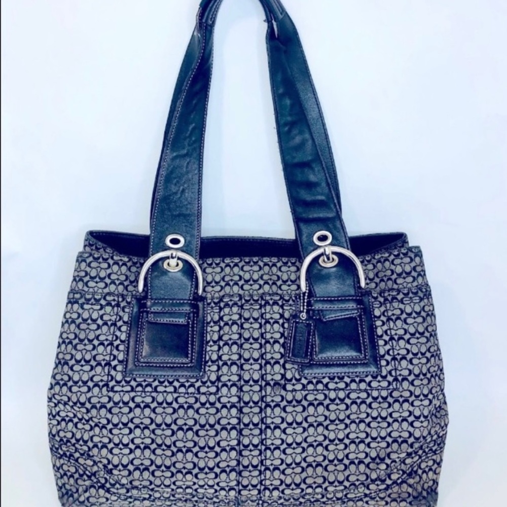 Coach Signature Grey/Black Canvas and Leather Little C Satchel